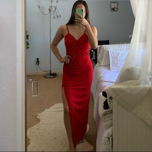 Bardot red wrap dress w thigh high slit